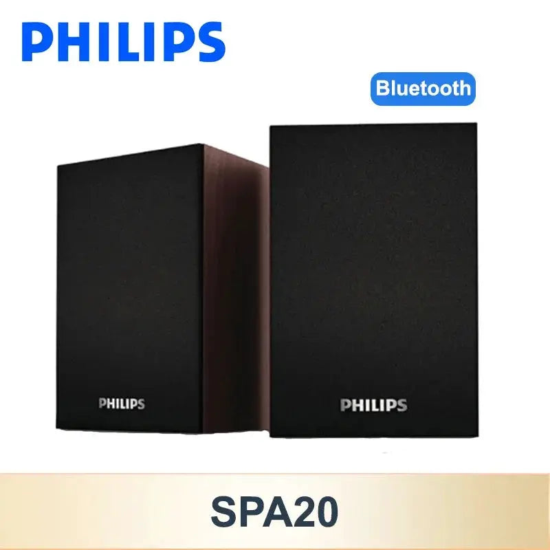 Philips SPA20 Bluetooth stereo speakers, two black desktop speakers