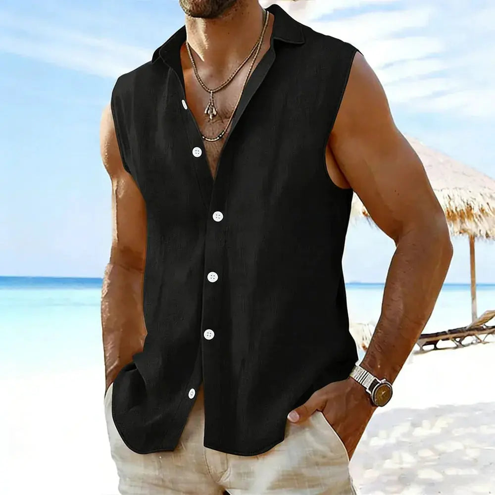 Simples Market men's sleeveless cotton-linen shirt, black with white buttons, turn-down collar.