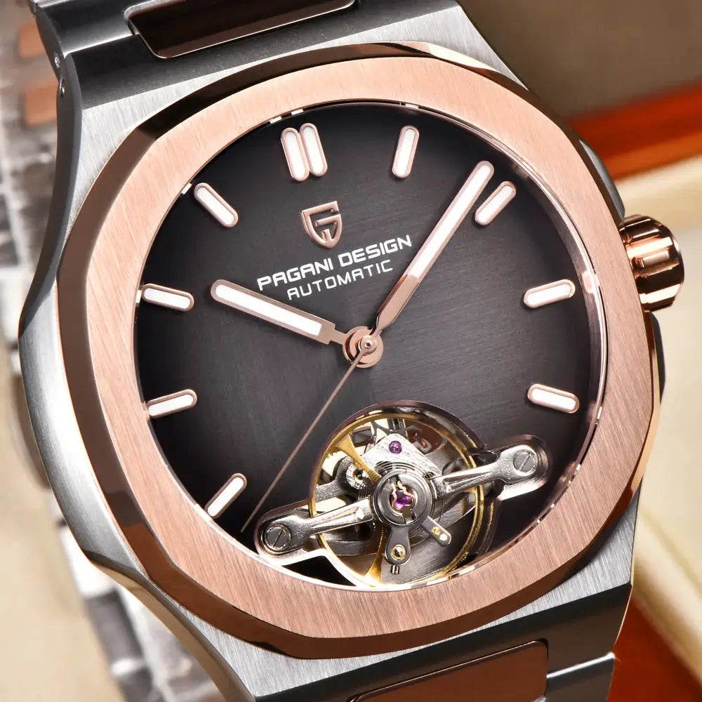 Pagani Design automatic skeleton men's watch with black dial, rose-gold bezel and stainless steel bracelet