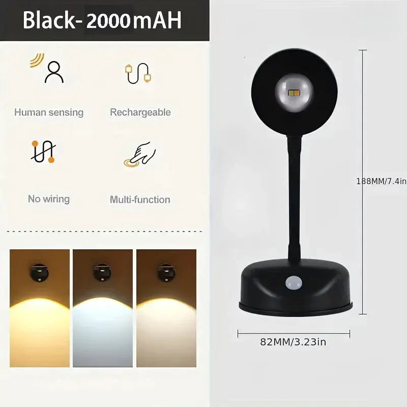 HPH USB rechargeable intelligent wireless wall light; Simples Market, black finish, human-sensing dimmable LED spotlight