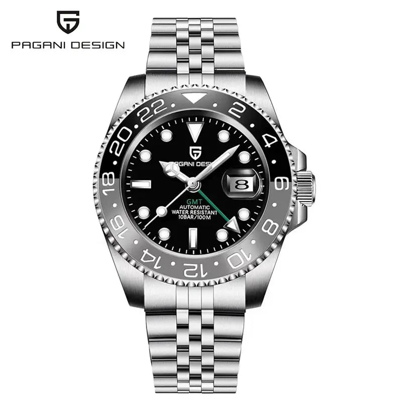 Pagani Design 40mm stainless steel GMT automatic wristwatch with black dial and date window