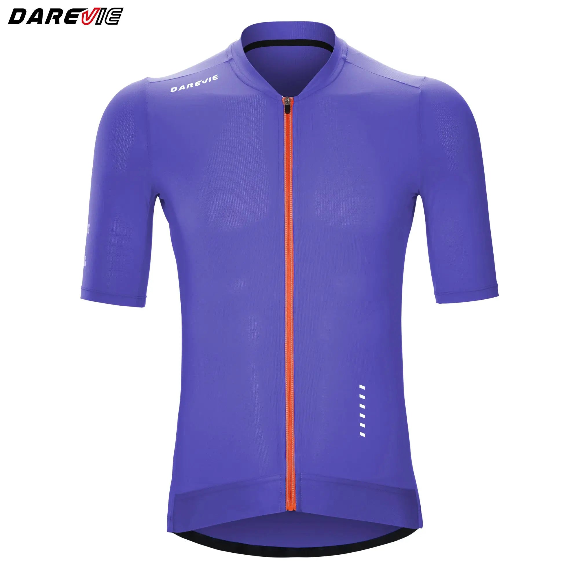 DAREVIE men's cycling jersey in purple with orange front zipper and chest logo.