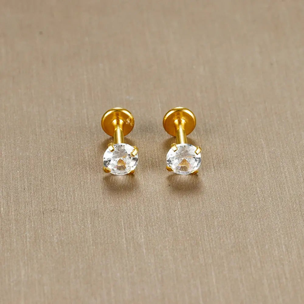 2pc gold-tone labret/tragus stud earrings with clear CZ crystals, 16G surgical stainless steel