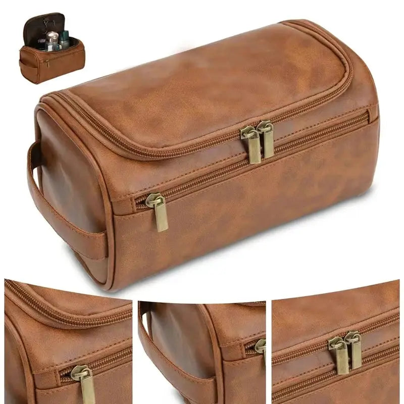 BrandX Leather Toiletry Bag Dopp Kit For Men And Women Hanging Travel Organizer Water Resistant PU Leather