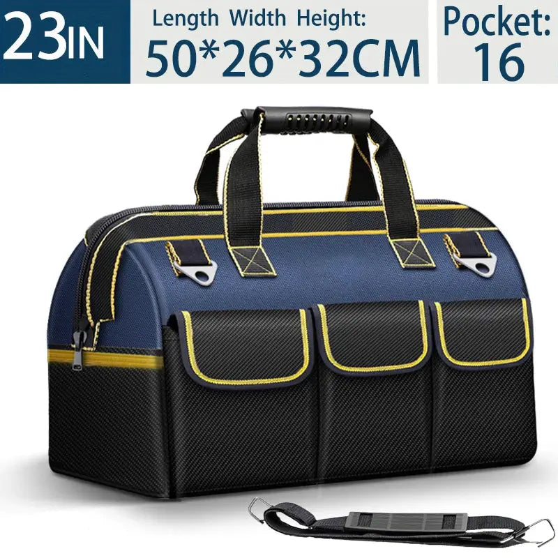 Blue and black tool bag, 23in with yellow trim, waterproof wear-resistant, multiple front pockets and adjustable strap.