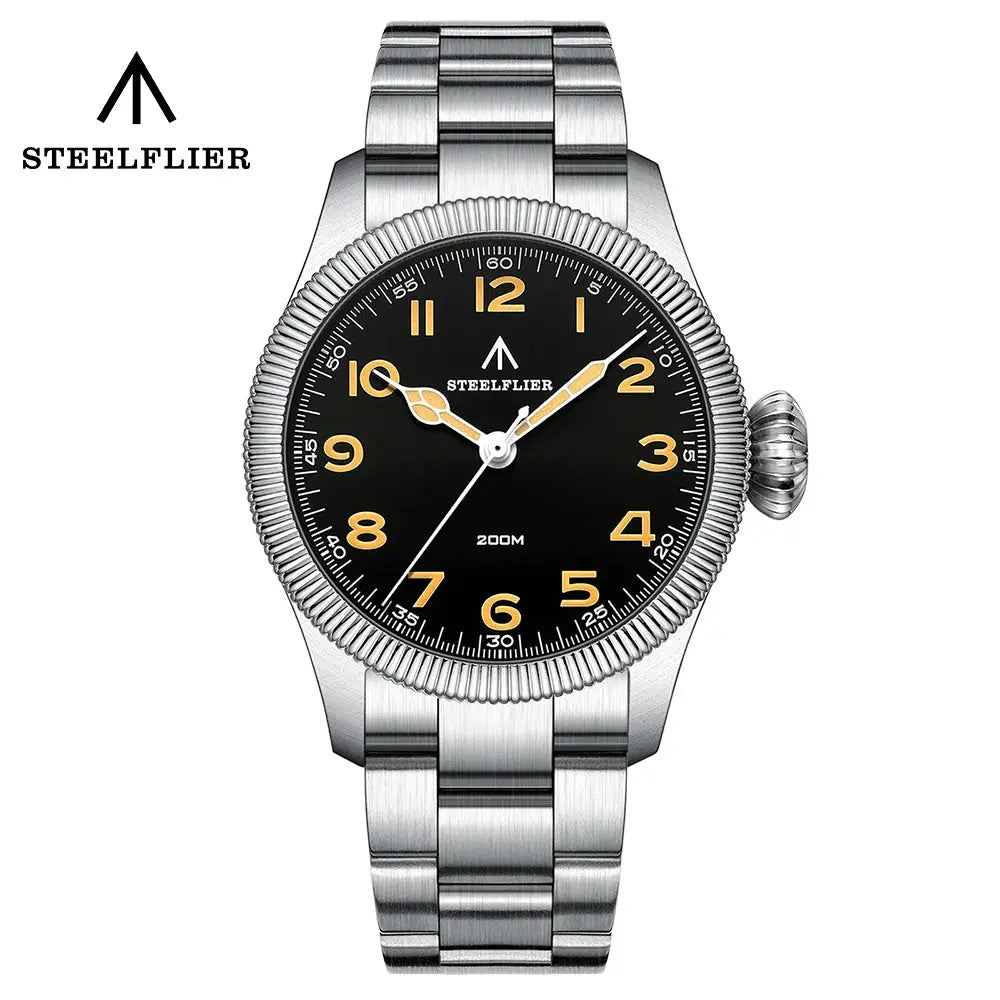 Steelflier SF741 stainless steel wristwatch with black dial, gold Arabic numerals, luminous hands, 200M water resistant