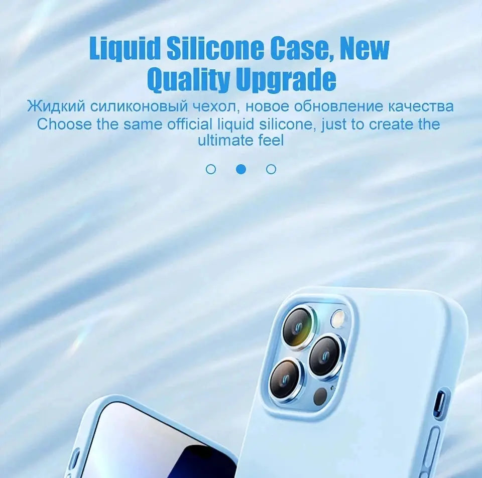 Liquid silicone iPhone case, light blue, shockproof design shown with iPhone.