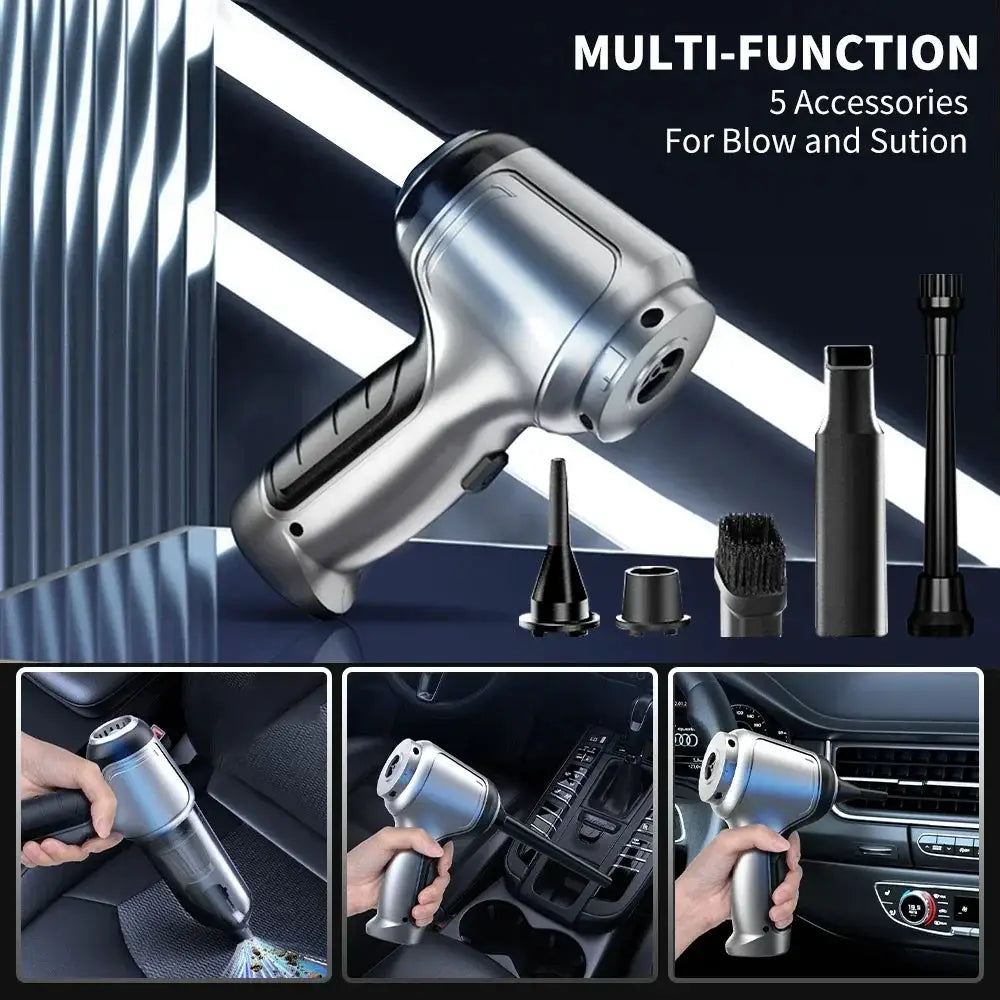 Simples Market 95000PA cordless car vacuum cleaner with 5 accessories for blow and suction, silver body