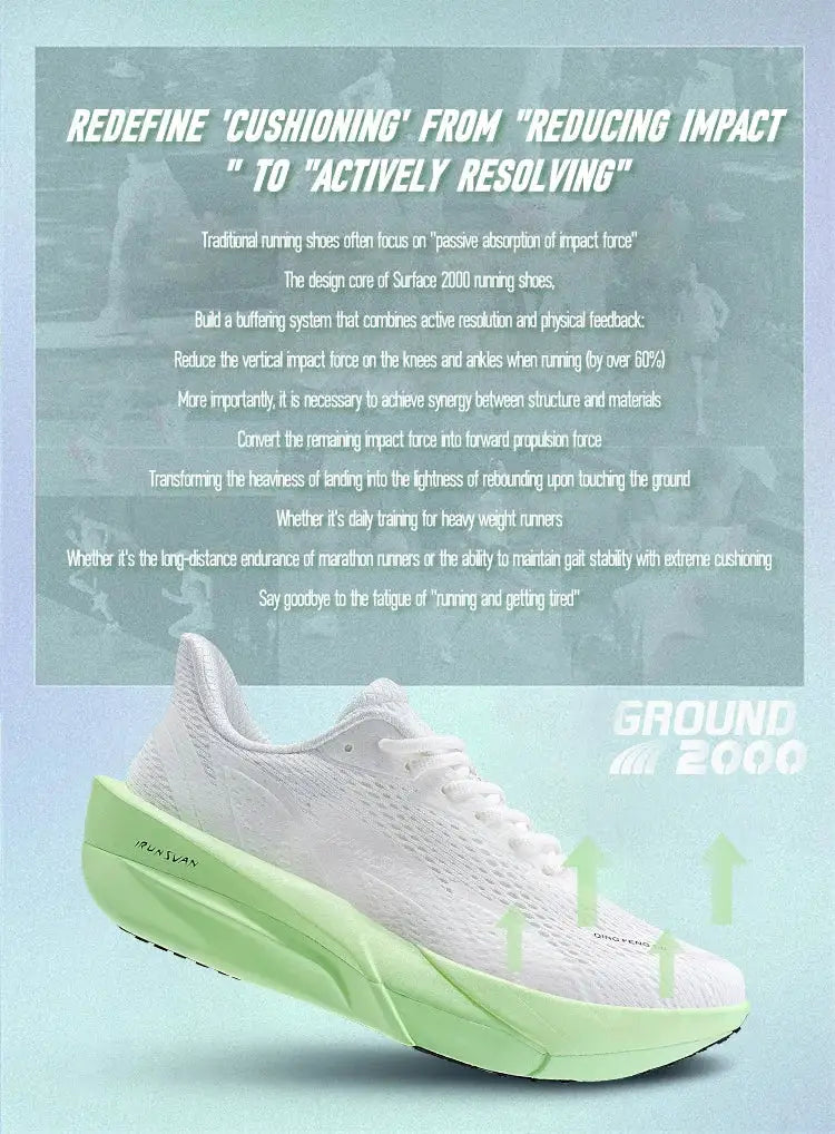 IRUNSVAN carbon fiber running sneakers, white breathable upper with lime-green thick outsole.