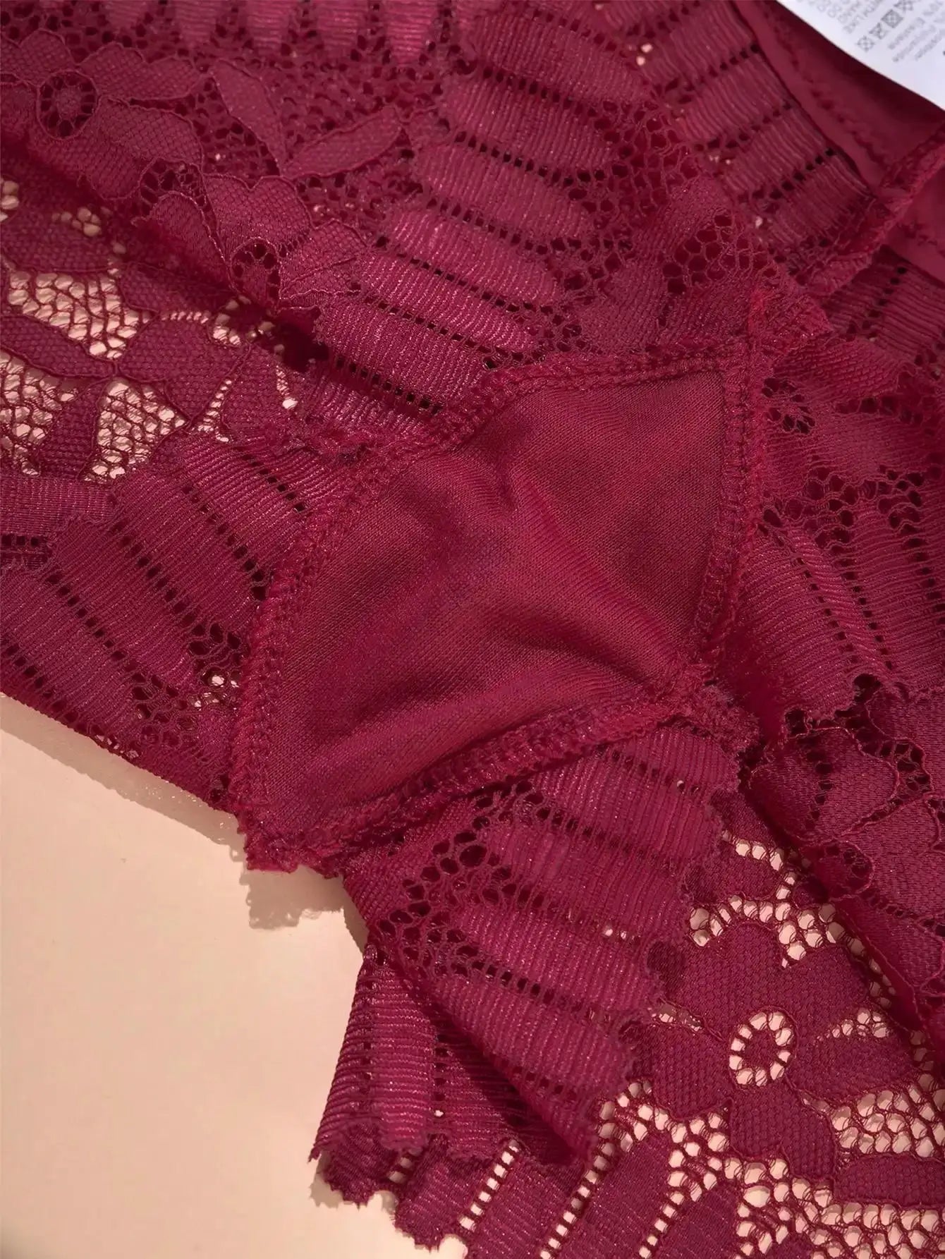 Sexy lace high-waist panties in burgundy, breathable floral lace fabric