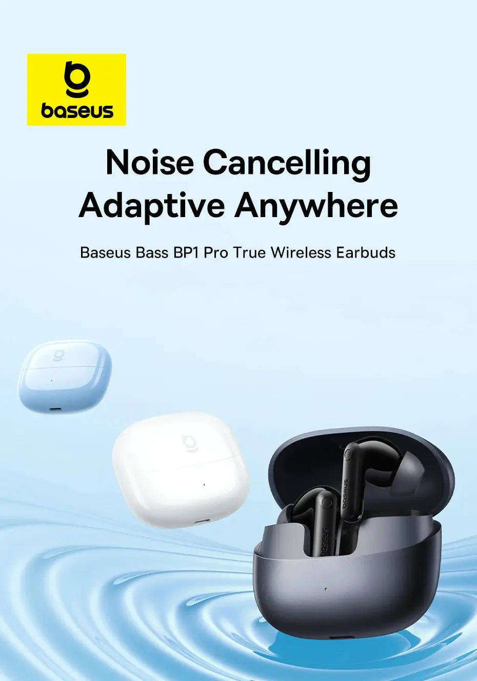 Baseus Bass BP1 Pro true wireless earbuds with charging case; black earbuds in a gray charging case.