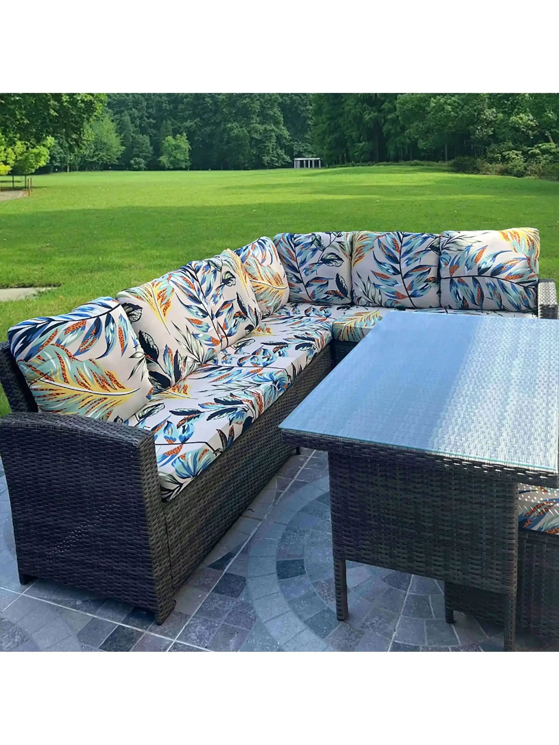 Simples Market outdoor tropical print sofa cushion covers for wicker sectional with non-slip backing, colorful leaves.