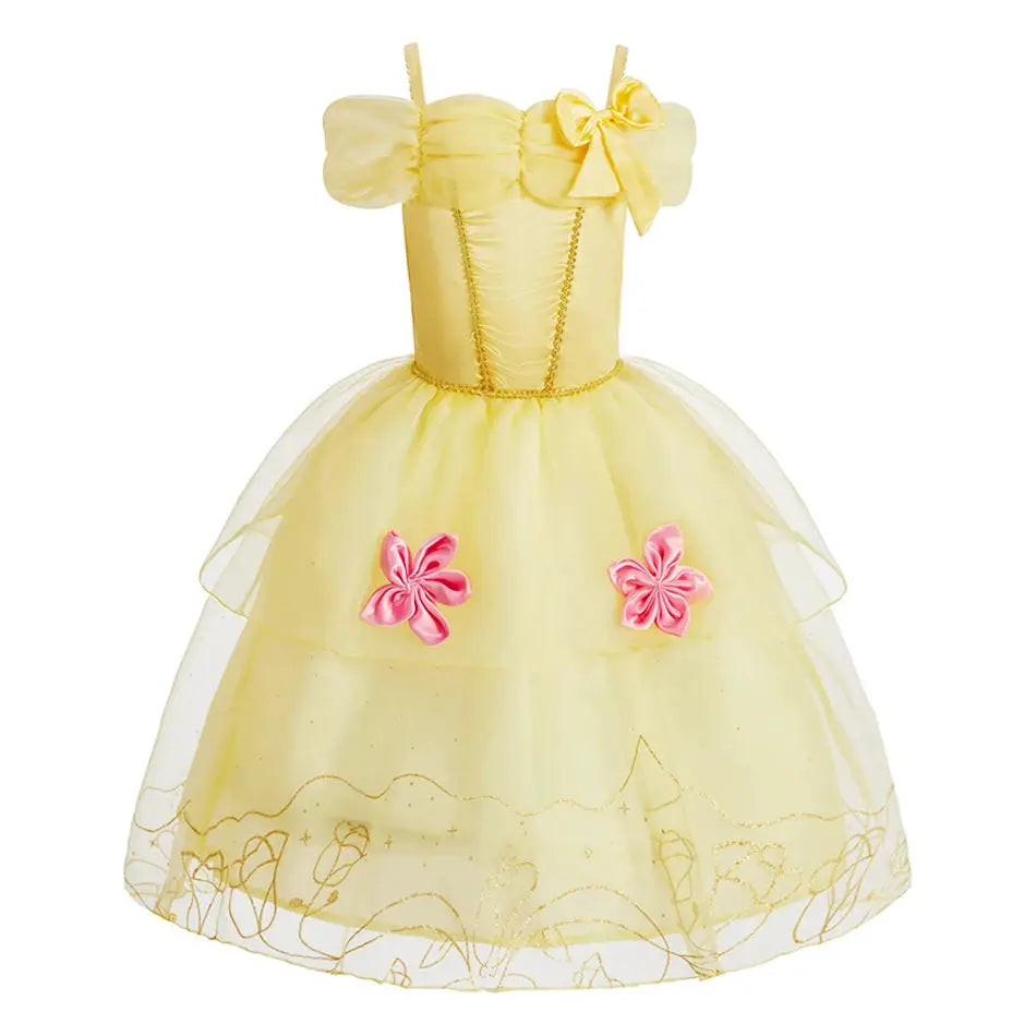 Kids Princess Costume Party Dress With Floral Pattern And Appliques Inspired By Rapunzel And Belle