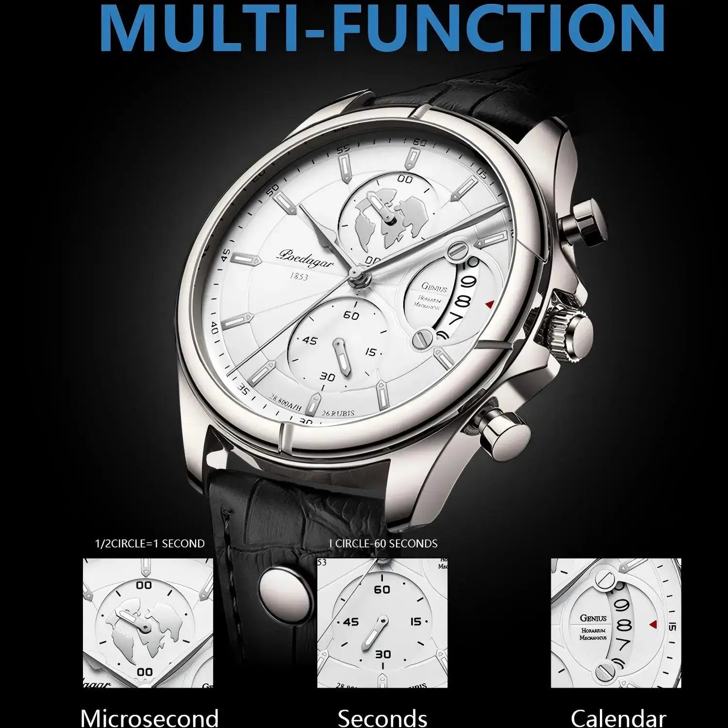 POEDAGAR luxury men's wristwatch with white dial, leather strap and chronograph
