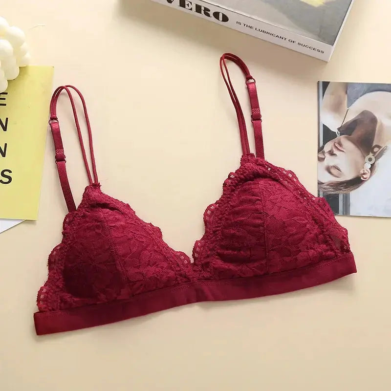 V-neck double-strap burgundy lace bralette, wireless with scalloped floral lace and back hook closure