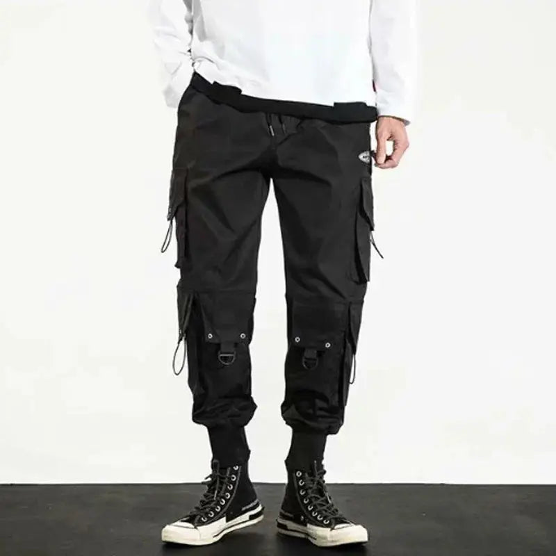 Men's black quick-dry ice-silk cargo pants by Simples Market with multiple pockets