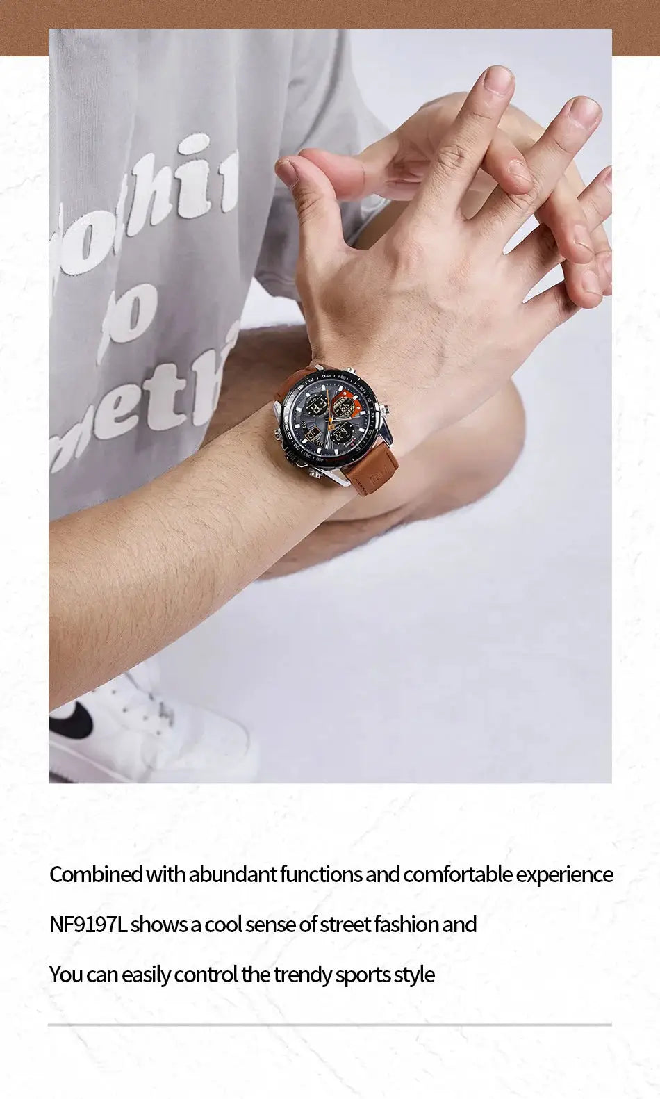 NAVIFORCE sport watch for men with brown leather strap and black chronograph dial