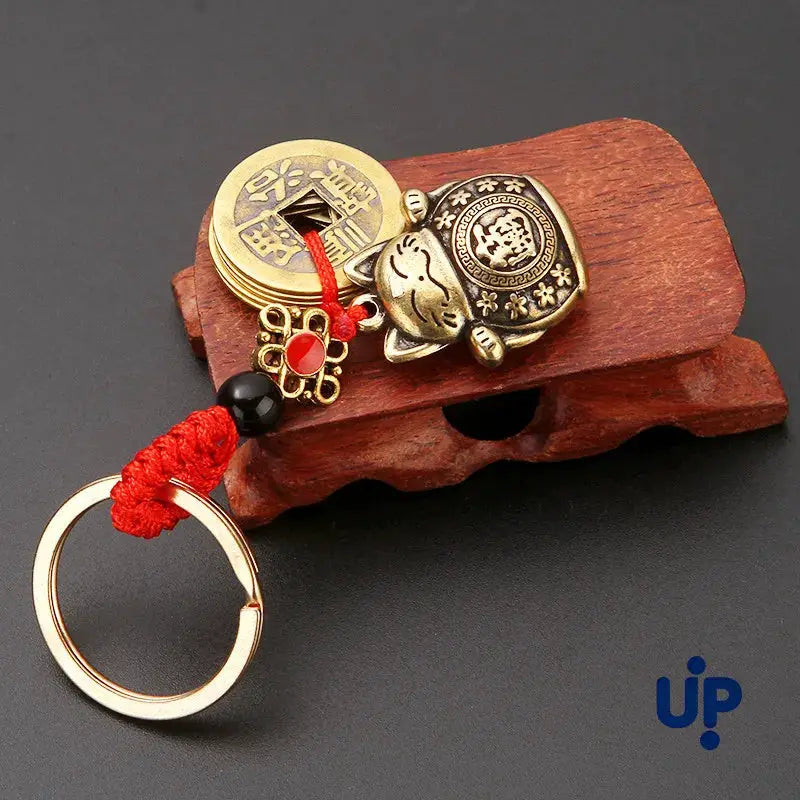 Vintage Pure Handmade Car Keychain Lucky Cat With Five Emperors Coins Maneki Neko Alloy Gold Tone Key Ring