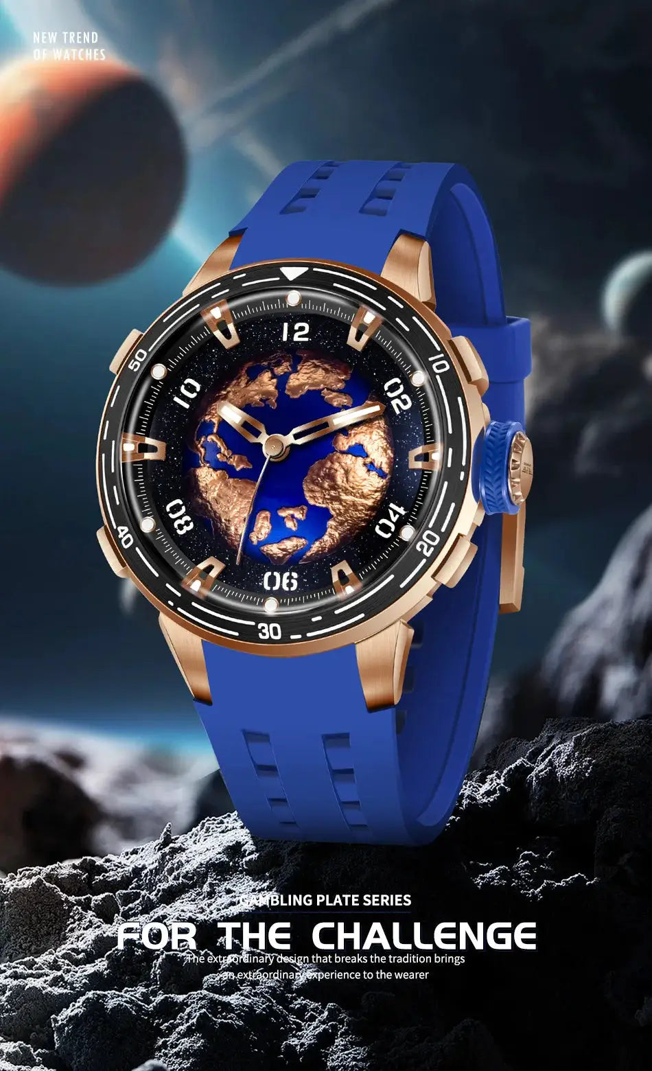 PINDU planet series watch with blue silicone strap, gold-tone case, Earth dial and luminous hands