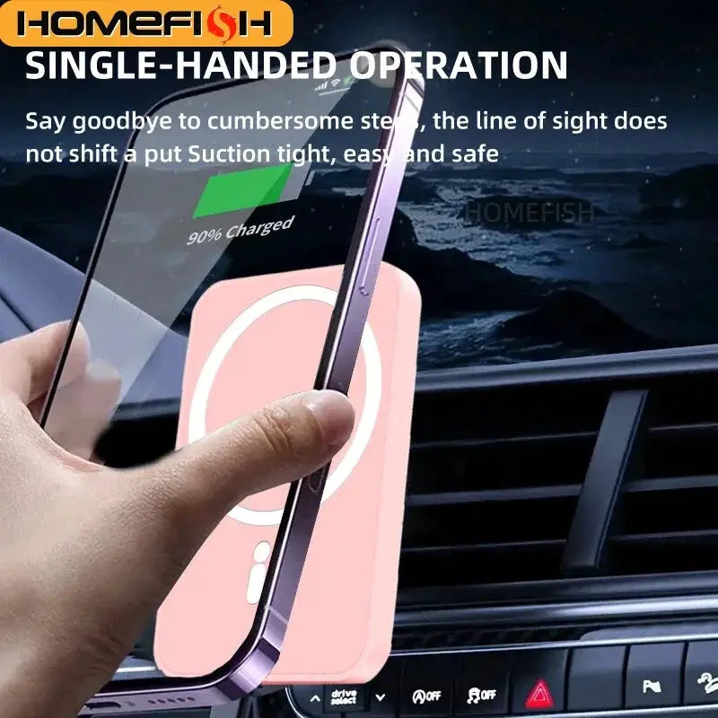HOMEFISH magnetic car wireless charger and phone holder with pink charging pad; fast charging for phone, pad, and watch