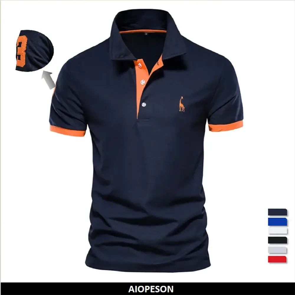 Polo shirt navy with orange placket and cuffs, short sleeves, giraffe embroidery by Simples Market