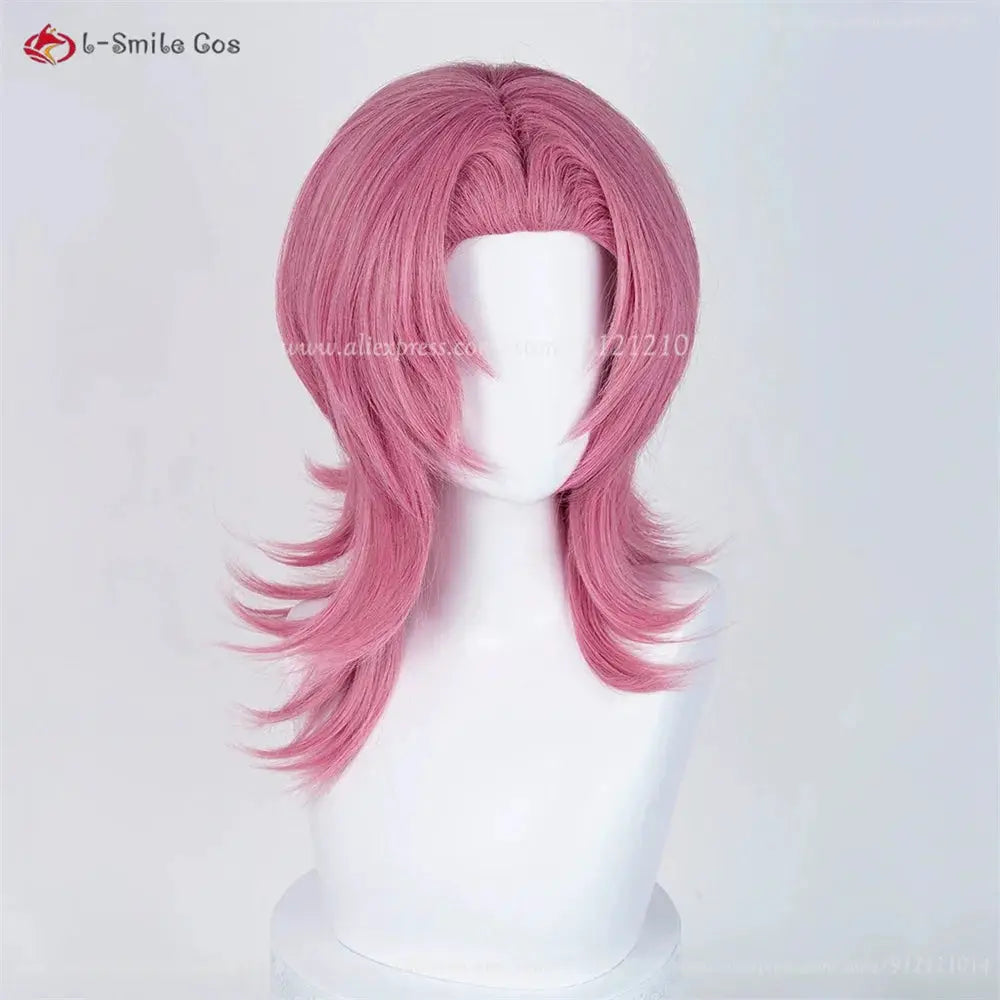 Anime cosplay wig by L-Smile Cos, pink heat-resistant synthetic wig with layered, mid-length styling.