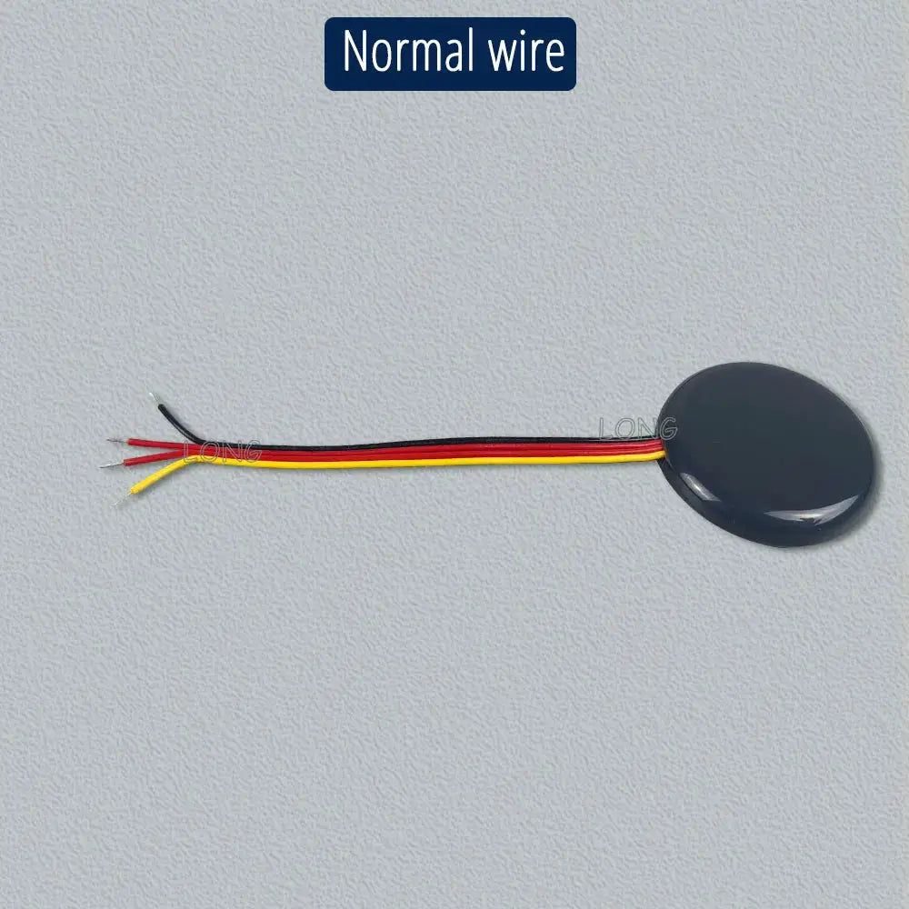 Touch dimming switch sensor for cabinet LED lighting; round gray disc with red, black and yellow wires