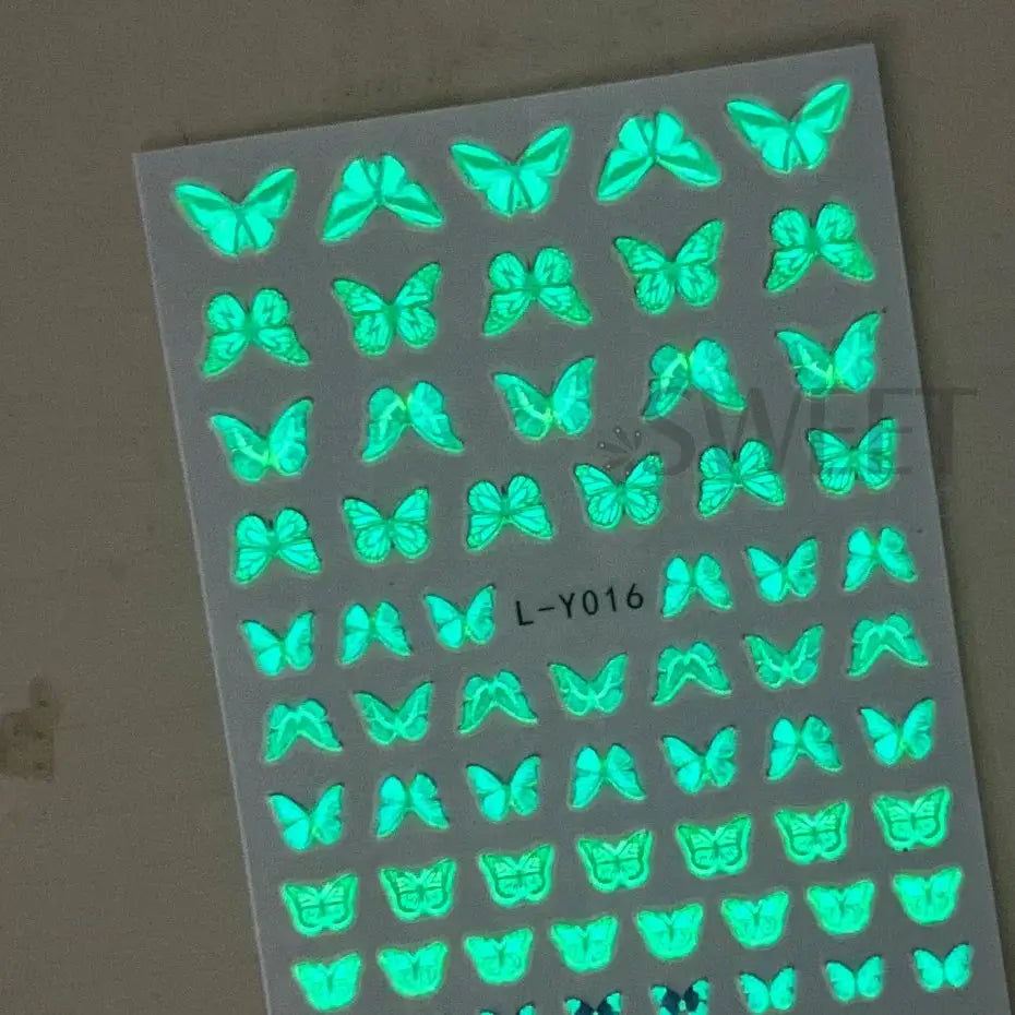 3pc luminous butterfly nail decals sheet with glow-in-the-dark neon green butterfly designs