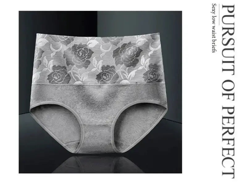 3Pcs high-waist cotton panties for women, gray with floral lace waistband, by Simples Market