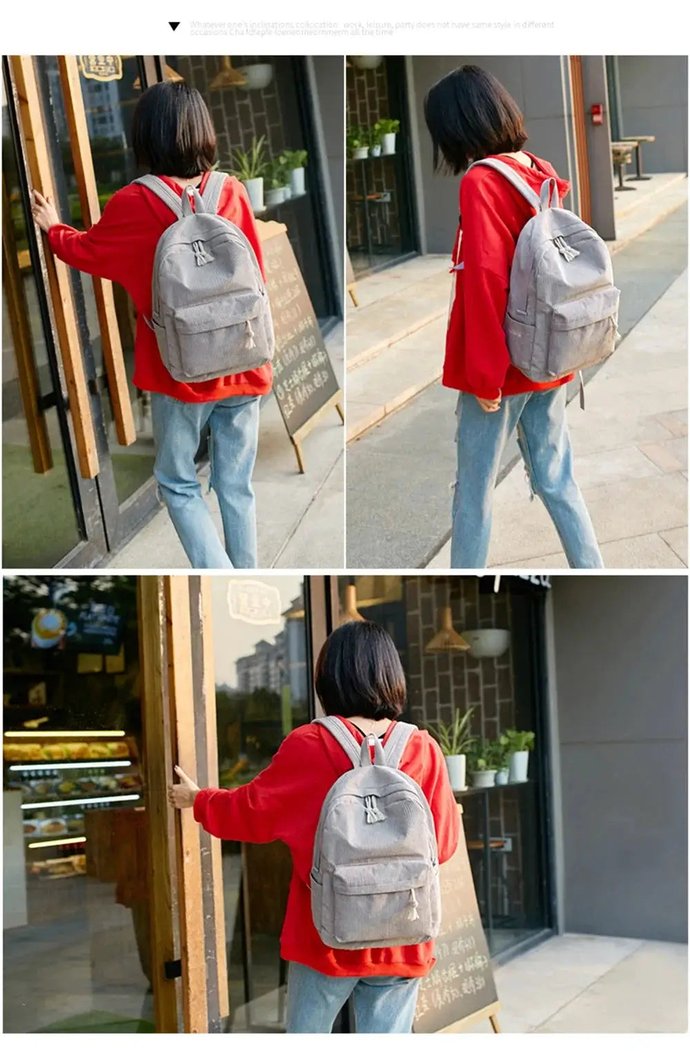 Personalized gray corduroy student backpack for teens, unisex campus bag