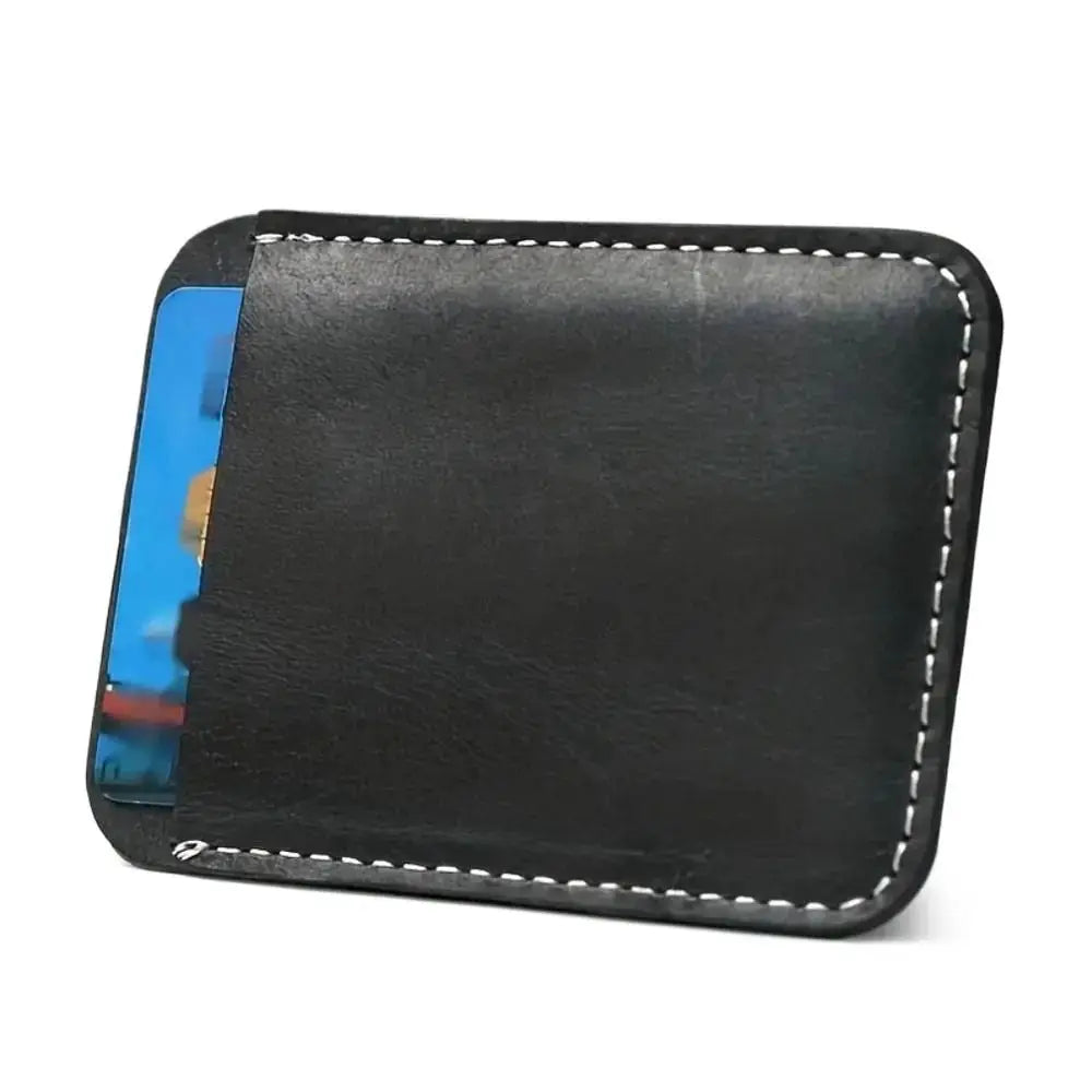 Simples Market men's black leather slim money clip wallet with white stitching and card slots
