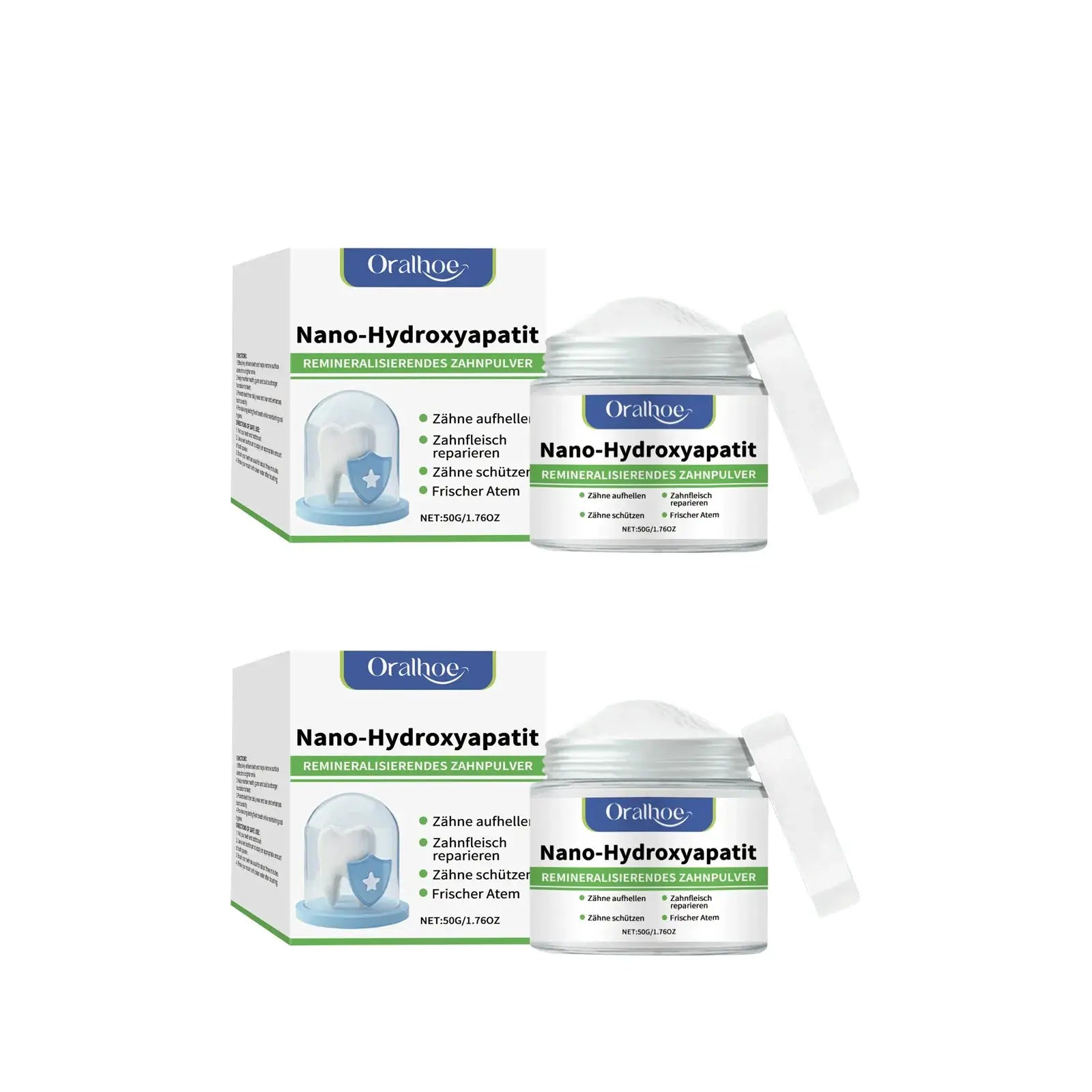 Nano-Hydroxyapatite teeth whitening powder box and jar set, Oralhoe brand in white containers with green label