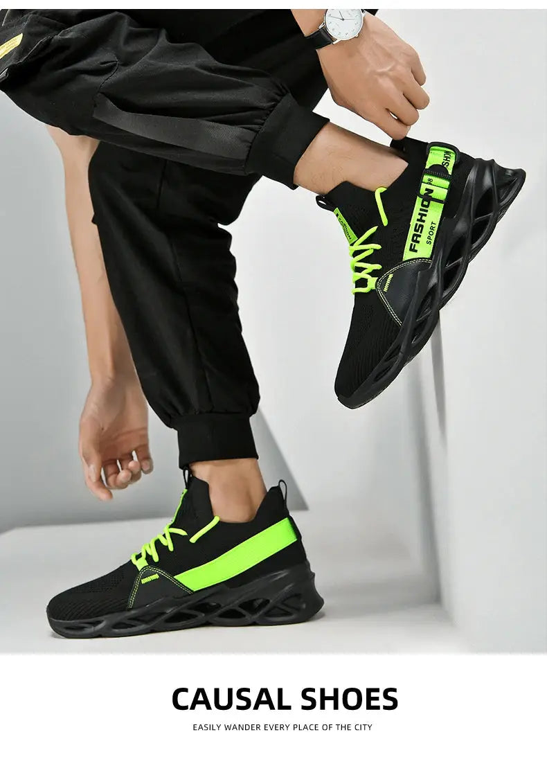 Unisex mesh sneakers by Simples Market with neon green accents and thick sculpted sole