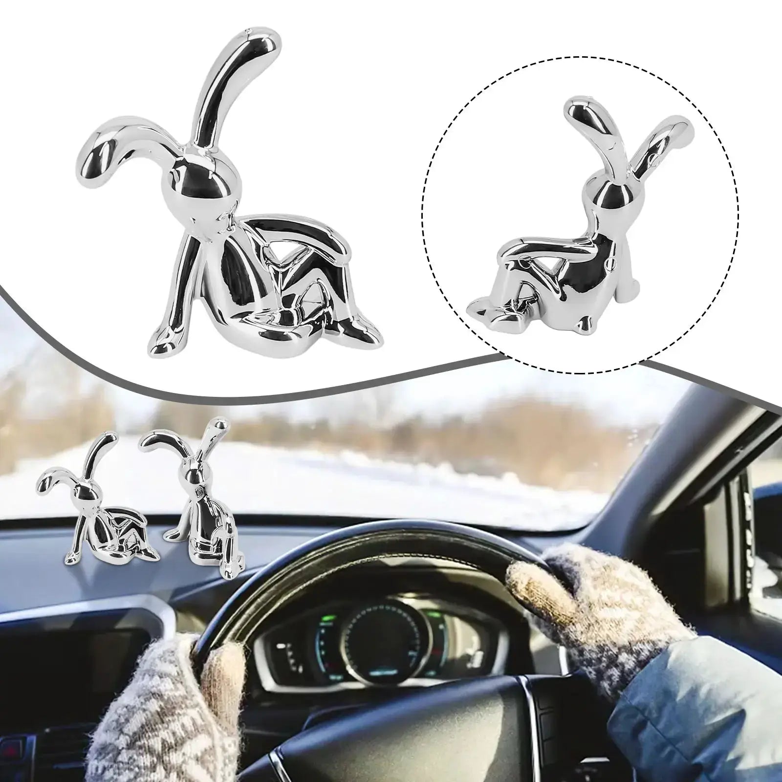 Chrome silver rabbit car interior decor set; 6 metal bunny figurines for dashboard and center console
