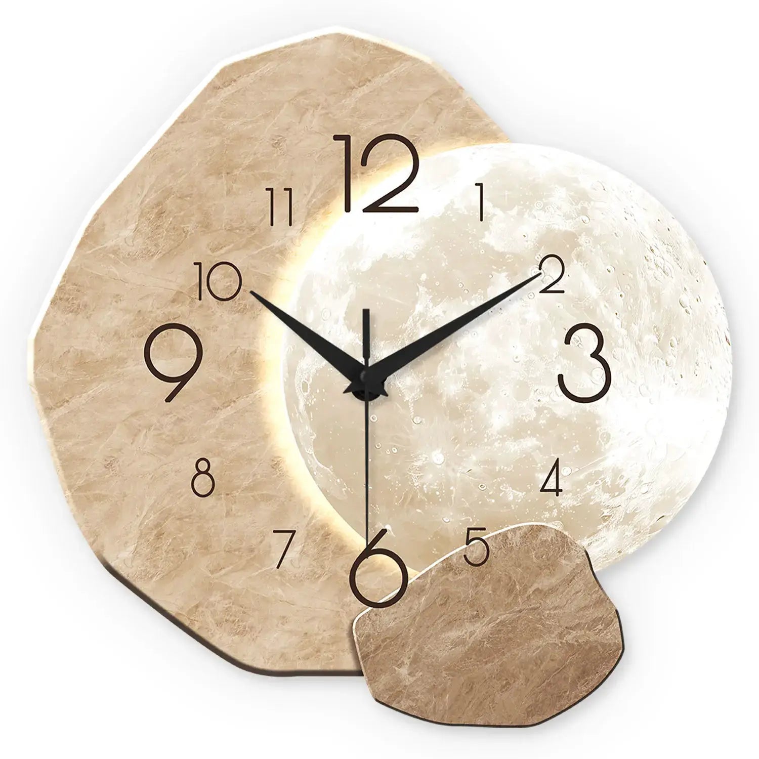 Moon-design wall clock by Simples Market, wooden two-tone finish with silent quartz movement.