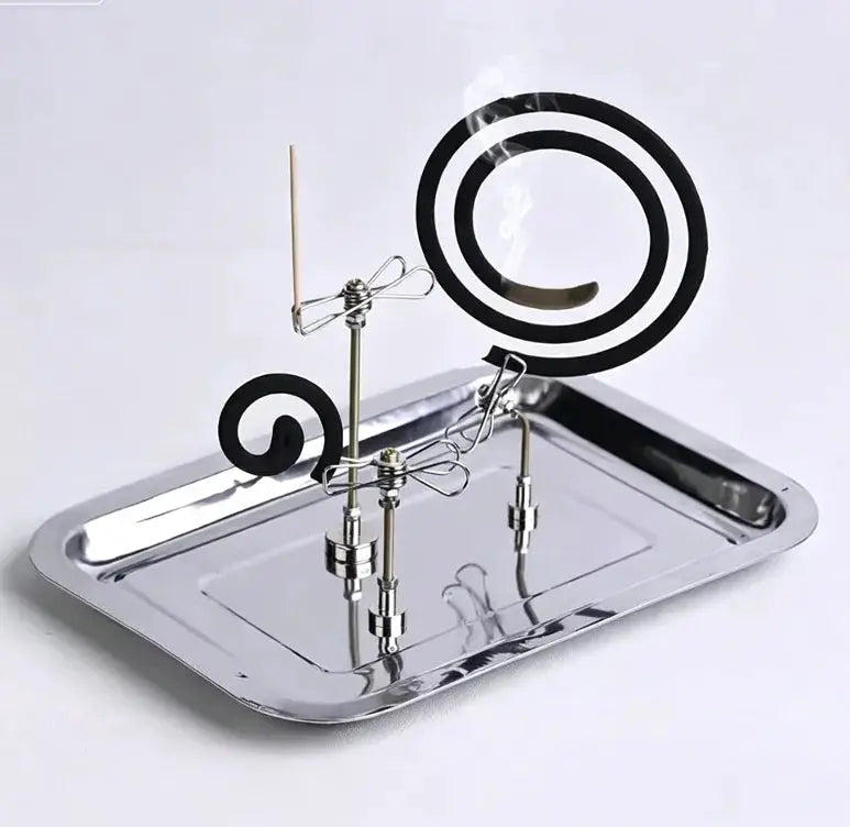 Magnetic incense clip stand with three arms and ash tray, silver metal, for sandalwood and mosquito repellent incense