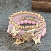 4 Pcs Trendy Butterfly Beaded Bracelet Set For Women Pink Acrylic Beads Elastic Chain Bangles Party Jewelry Gift