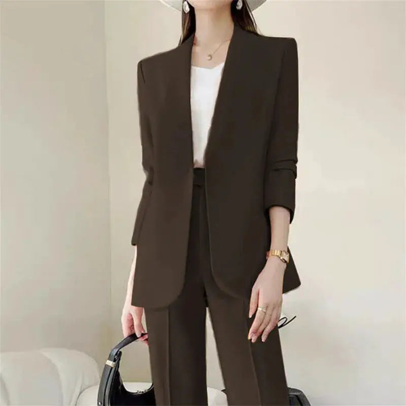 2-piece women's suit set in brown with blazer and trousers, white top, chic commuter style