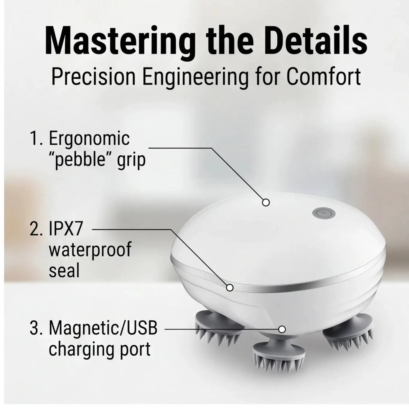 Simples Market 2-in-1 electric scalp cleaner and pet massager, white round device with pebble grip, USB rechargeable, IPX7 waterproof.