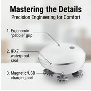 Simples Market 2-in-1 electric scalp cleaner and pet massager, white round device with pebble grip, USB rechargeable, IPX7 waterproof.