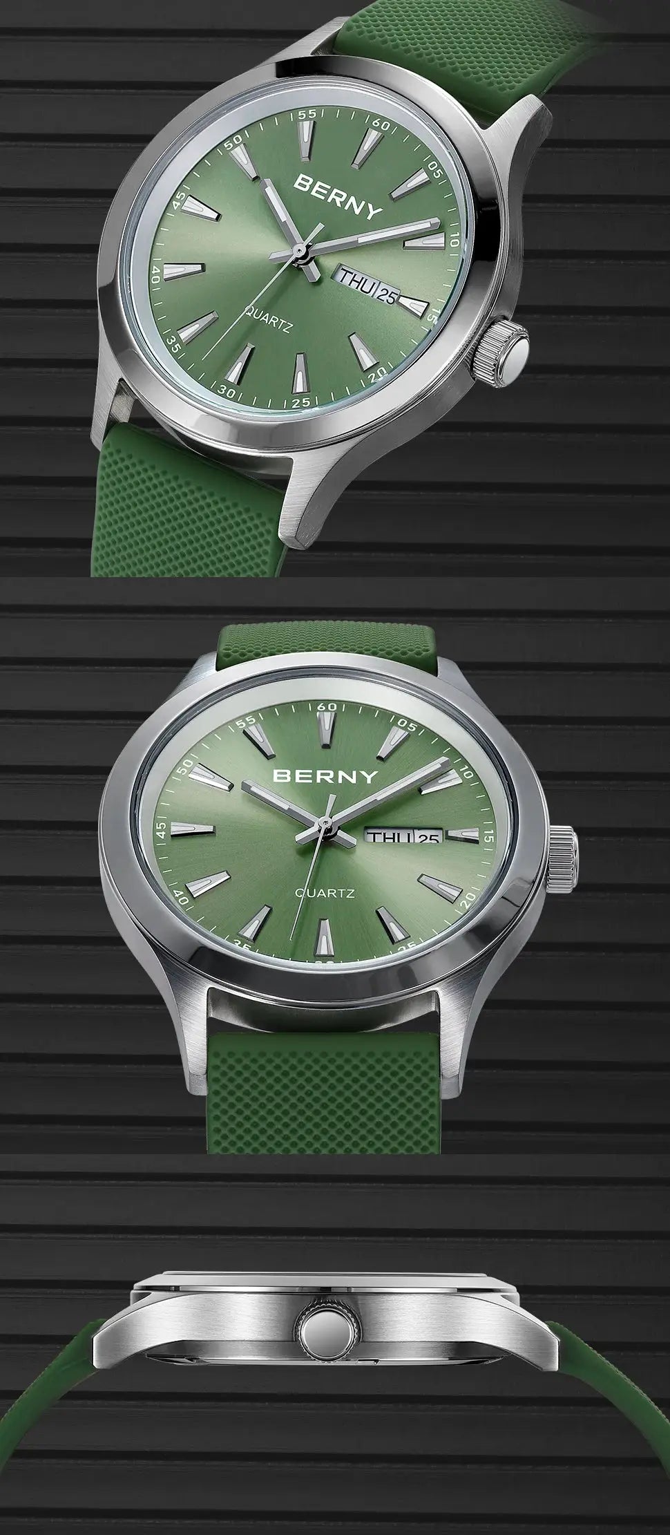 BERNY men's wristwatch; 2 green-dial quartz watches with stainless steel case and green silicone strap.