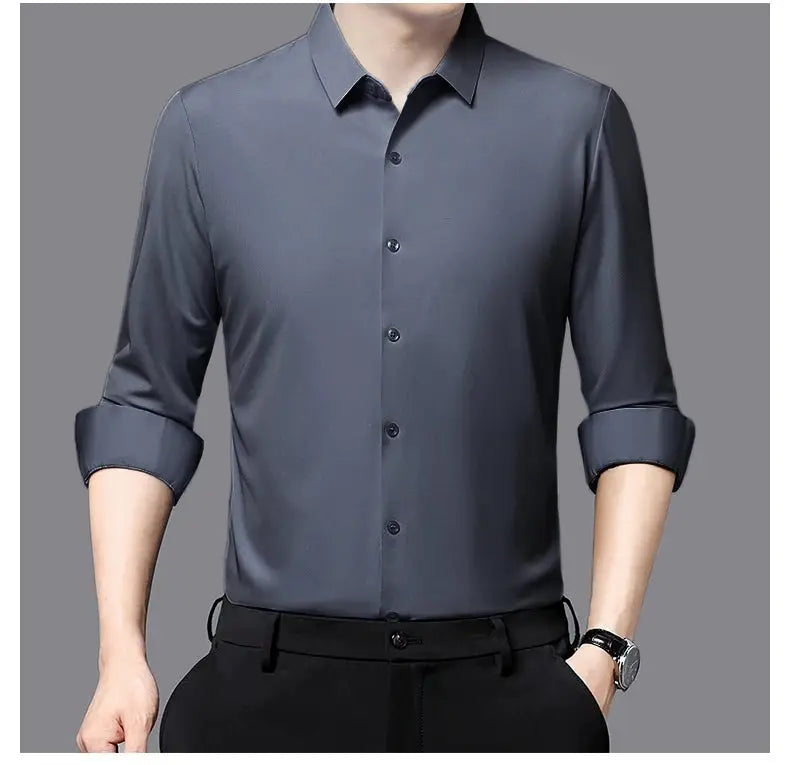 Premium men's ultra-stretch long-sleeve shirt by Simples Market in slate gray with silky finish.