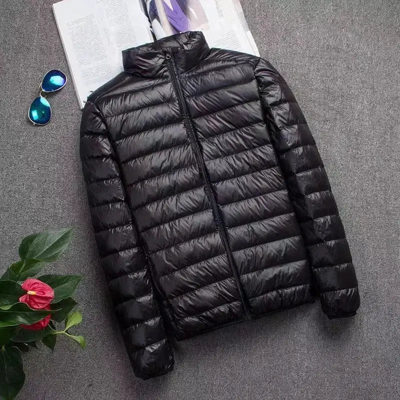 Men's black ultralight duck-down puffer jacket with hood, windproof, 5XL