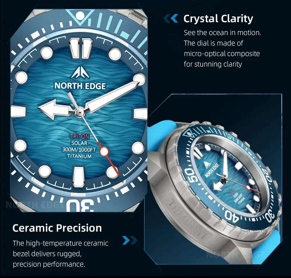 North Edge Triton-TI diving watch with blue dial, titanium case, solar-powered, 300m water resistance.