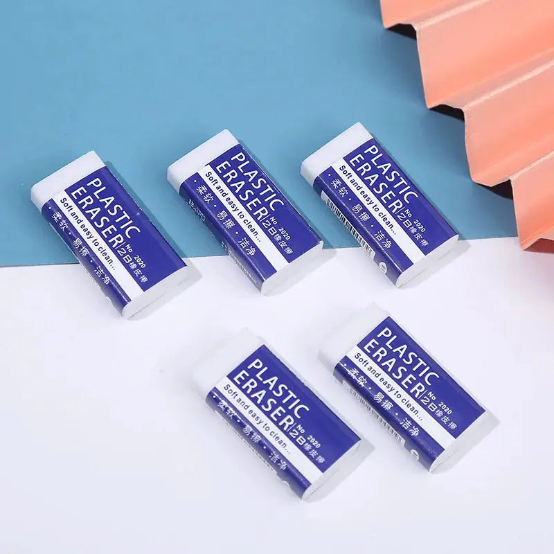 Plastic erasers in blue-purple wrappers, set of five.