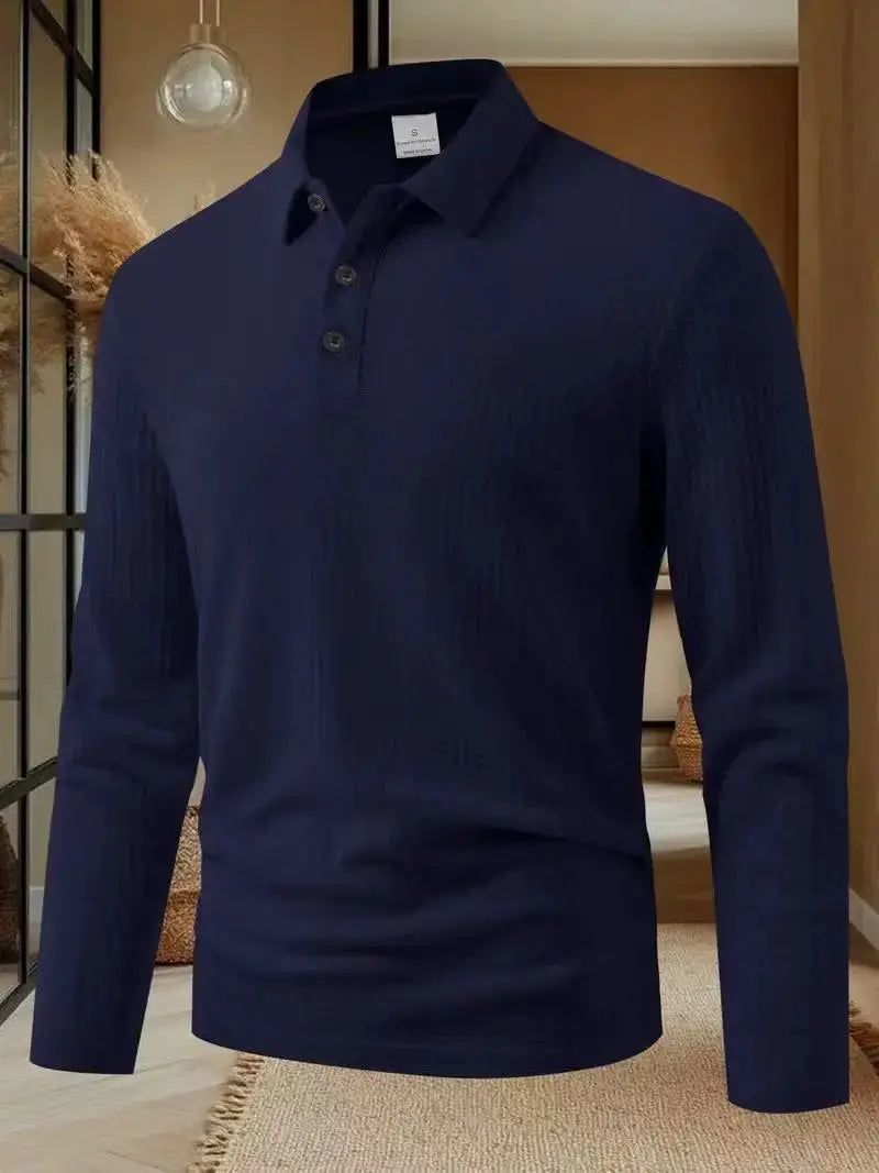 Simples Market men's navy long-sleeve polo shirt, solid color, business casual versatile top