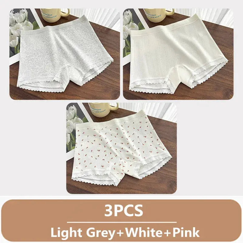 3PCS Simples Market women's lace-trim underwear set: light grey, white, and white with pink pattern