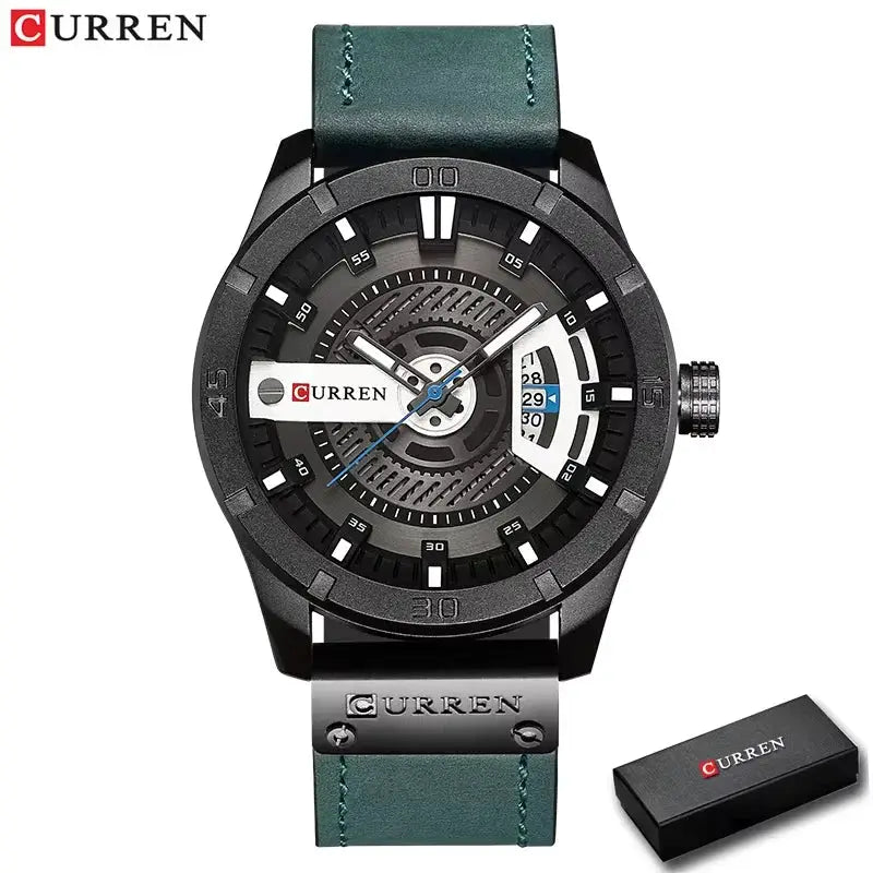 Curren men's quartz sports watch with black skeleton dial and green leather strap.