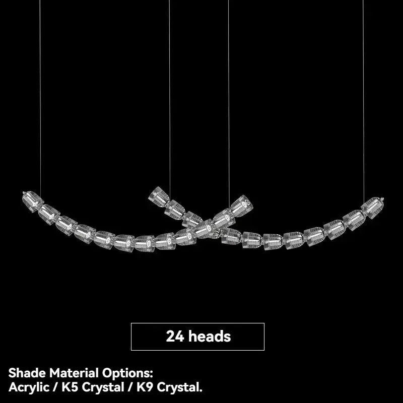 Necklace chandelier ceiling light with curved multi-strand crystal acrylic beads, 24 heads, adjustable length