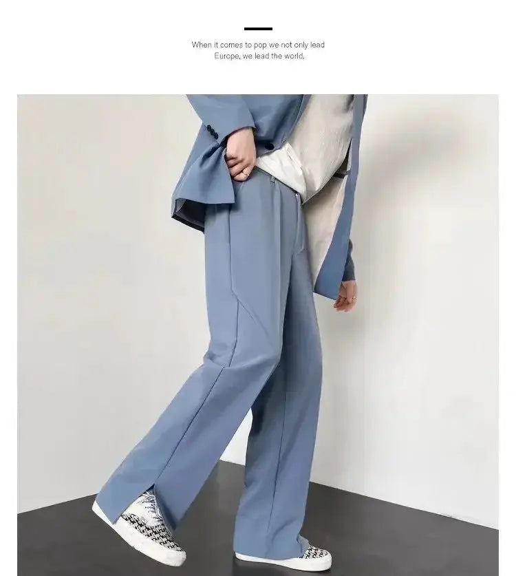 Men's straight baggy casual pants in blue-gray, wide-leg streetwear style